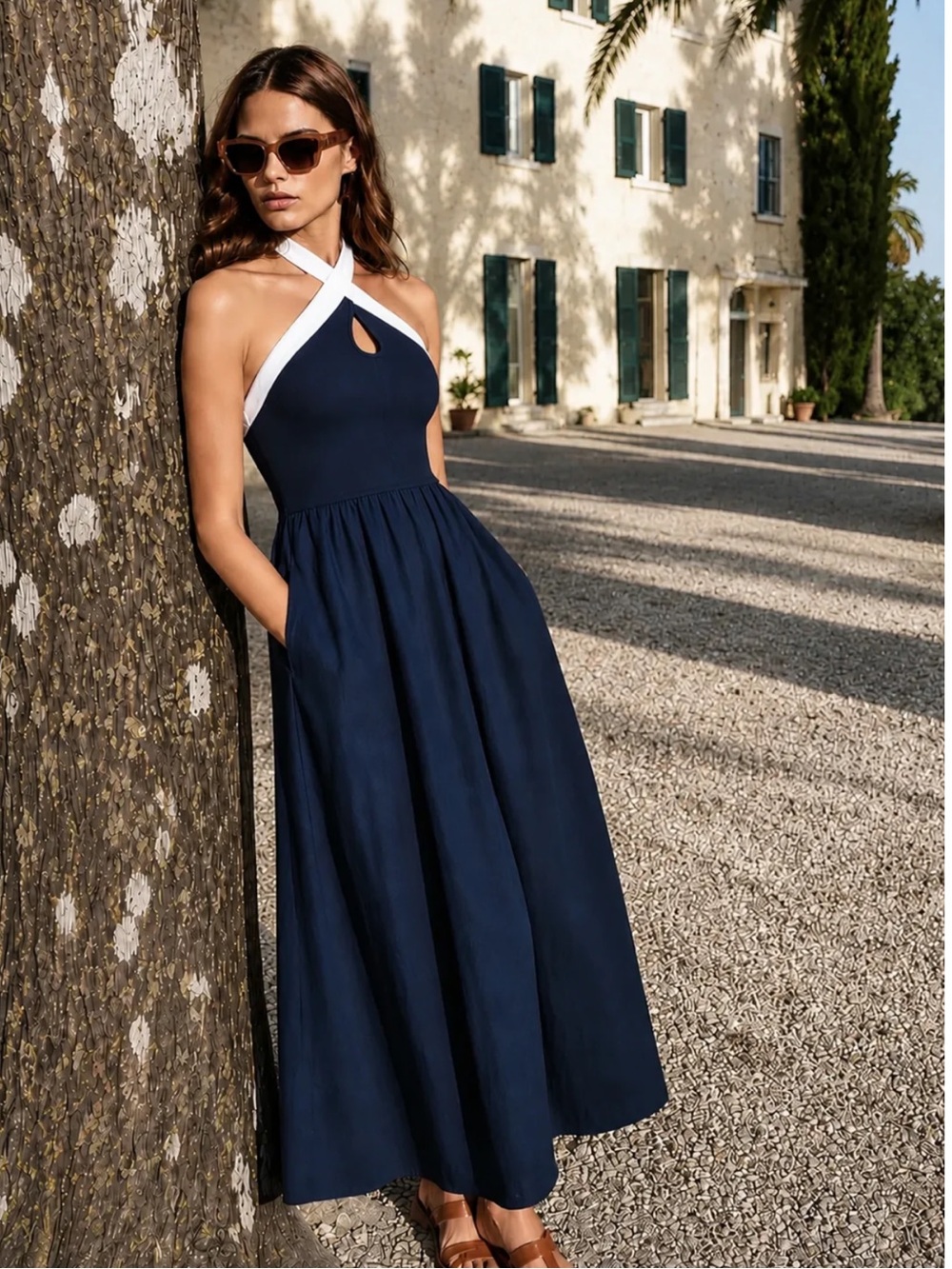 Navy Cross-Halter Maxi Dress with White Trim